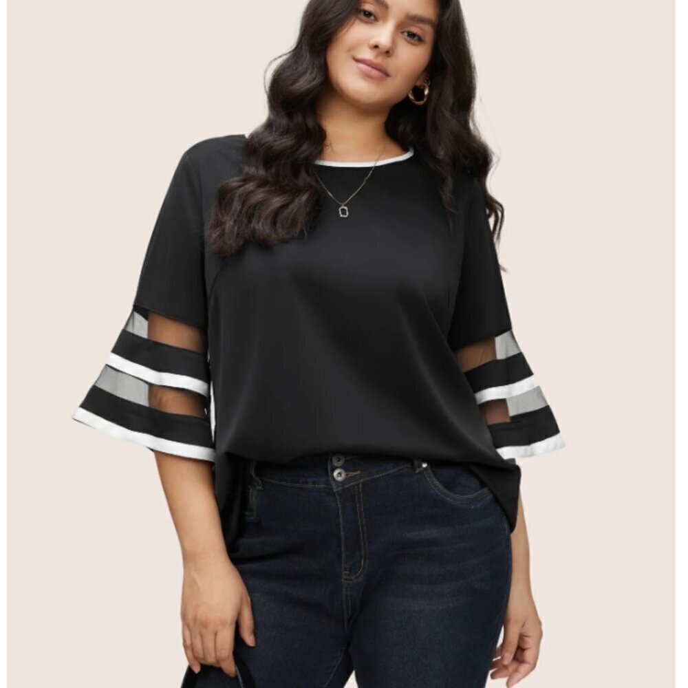BloomChic Plus Size Contrast Patchwork Mesh Bell Sleeve Blouse